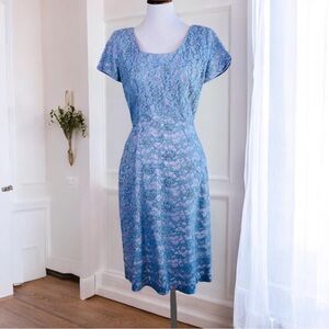 Vintage 50s Norman Original Cocktail Dress Blue Lace